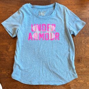 Under Armour Girls Heather Blue Tee with Pink Logo youth medium